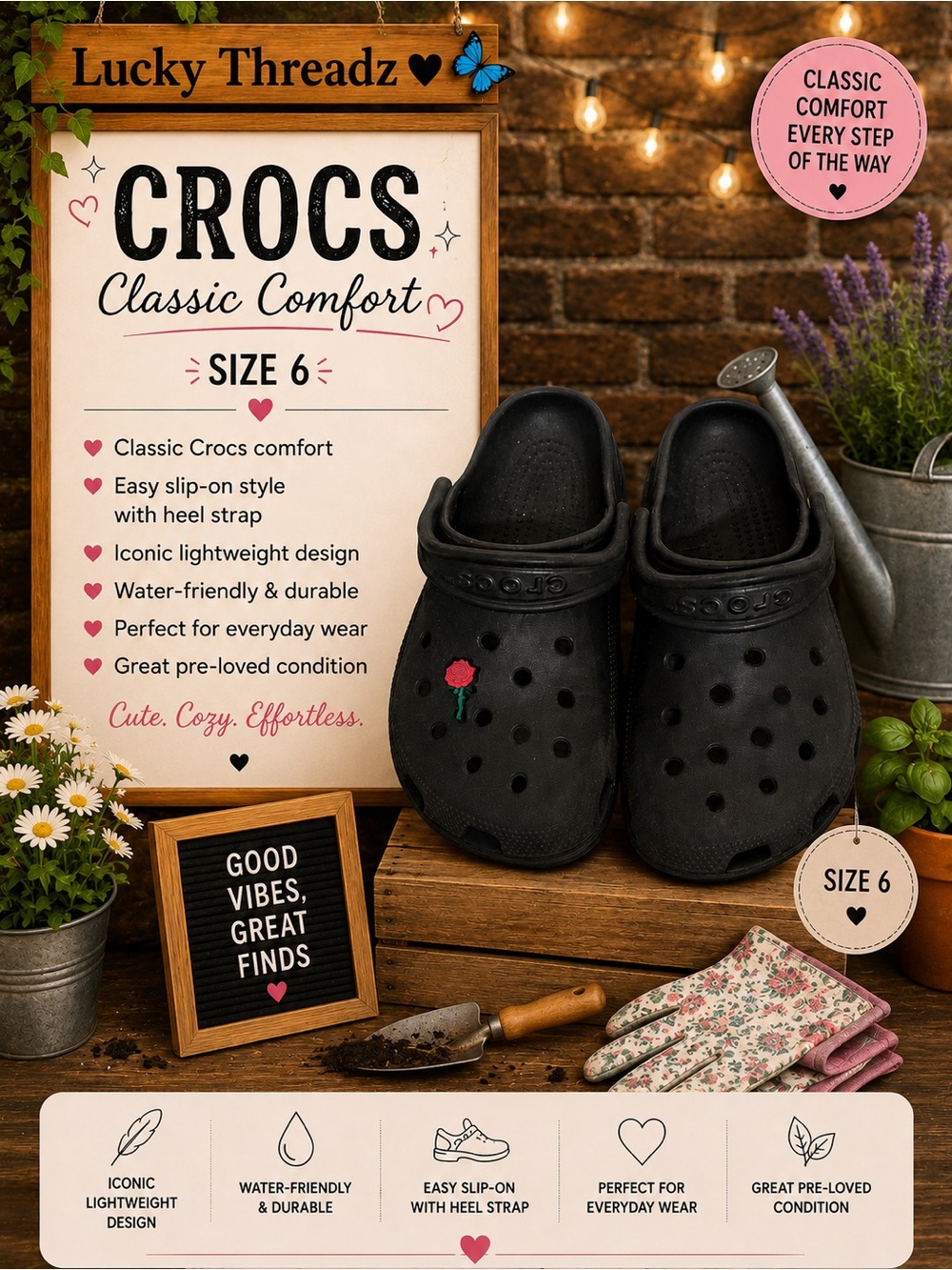 CROCS Black Clogs with Red Rose Jibbitz™ charm size 6